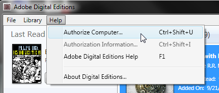 Menu Aide dans Adobe Digital Editions avec l’option Authorize Computer (Autoriser un ordinateur) sélectionnée